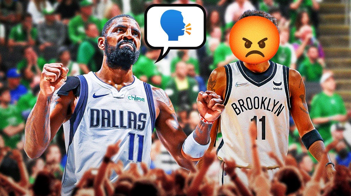 Mavericks' Kyrie Irving with a talking head emoji, Nets' Kyrie Irving with an angry face emoji, Celtics fans in background