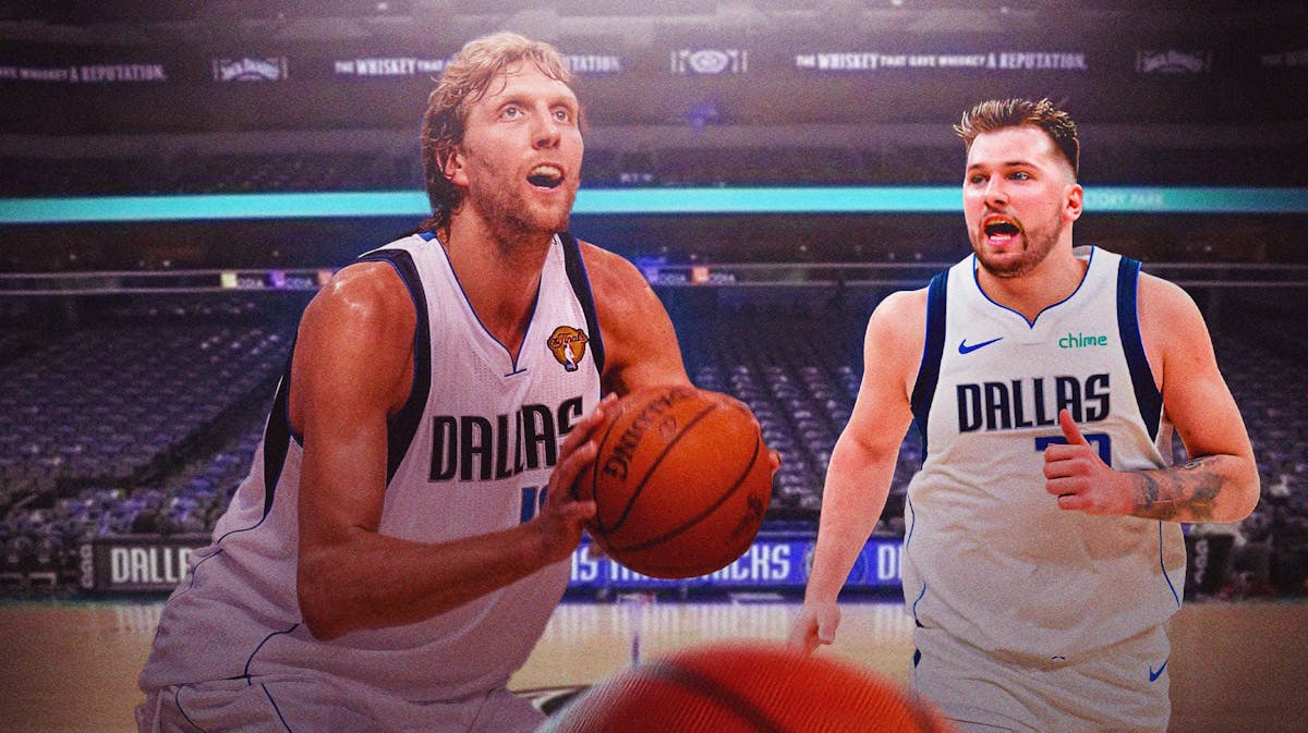 Mavericks' Luka Doncic hyped up, with 2011 Dirk Nowitzki shooting the ball to his side