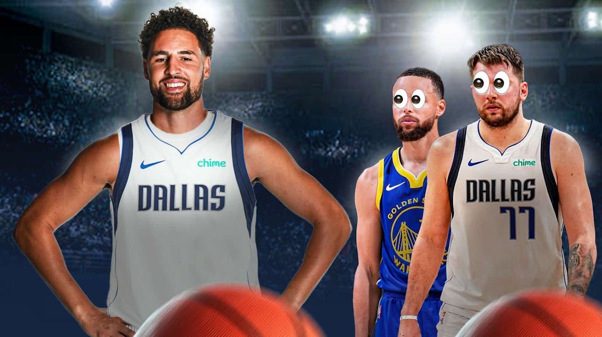 Klay Thompson in a Mavericks uniform on left. On right, place Mavericks Luka Doncic and Warriors Stephen Curry both with eyes popping out looking at Thompson.