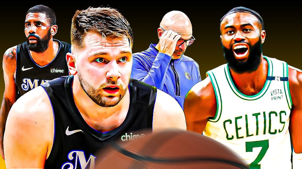 Mavericks' Luka Doncic, Kyrie Irving, and Jason Kidd all frustrated, with Celtics' Jaylen Brown smiling