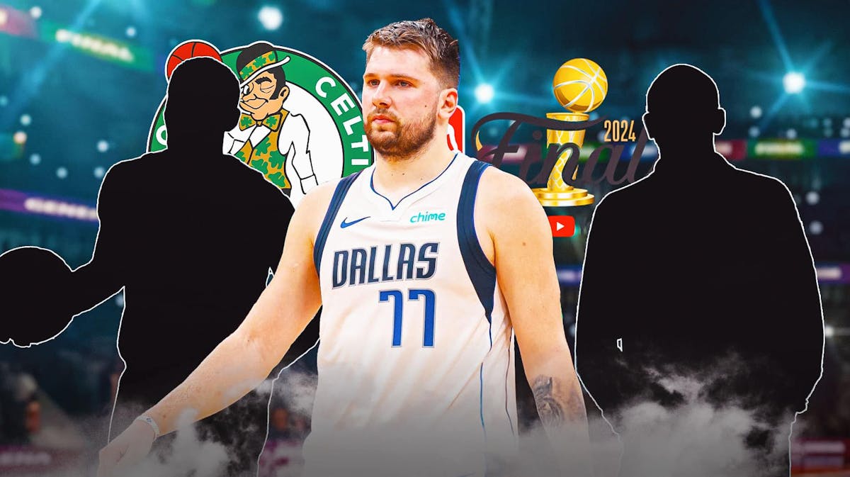 Mavericks' Kyrie Irving stands next to Luka Doncic and Celtics logo, NBA Finals logo background