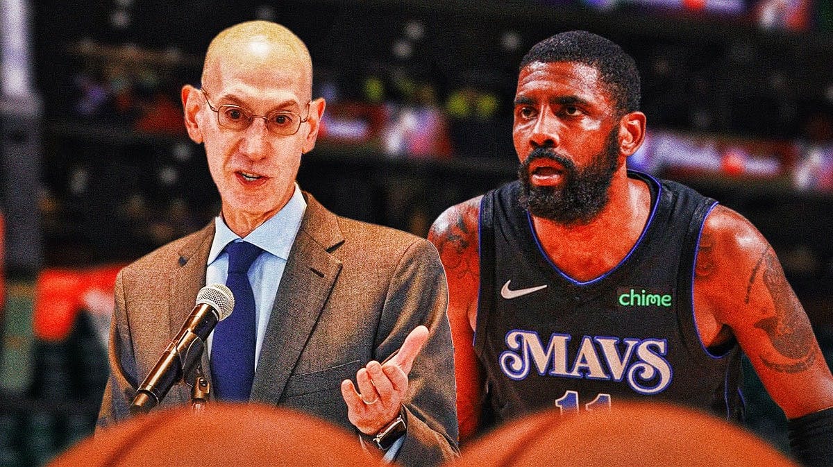 Dallas Mavericks star Kyrie Irving and NBA commissioner Adam Silver in front of American Airlines Center.
