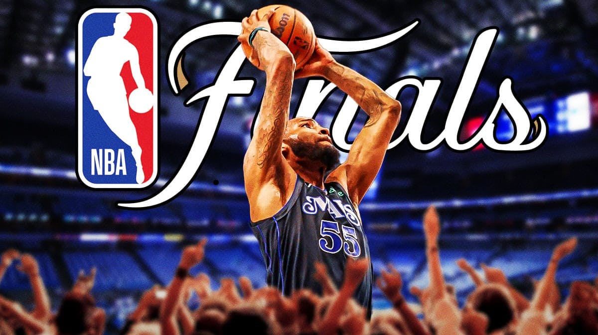 Mavericks' Derrick Jones Jr. dunking a basketball on left. NBA Finals' 2024 logo on right.