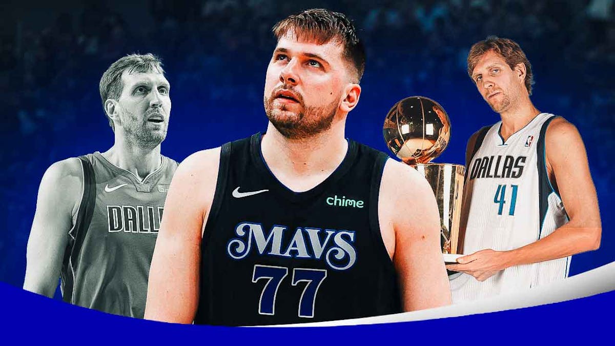 Mavericks' Luka Doncic looking sad in the middle, with picture of Dirk Nowitzki sad from the 2006 NBA Finals on the left (in black and white) and a pic of Nowitzki holding the championship from the 2011 NBA Finals on the right