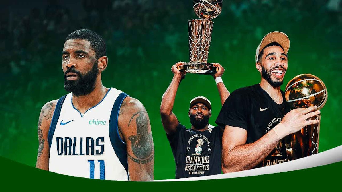 Mavericks Kyrie Irving on left looking sad/upset. On right, Celtics Jaylen Brown, Celtics Jayson Tatum holding the NBA Finals trophy.