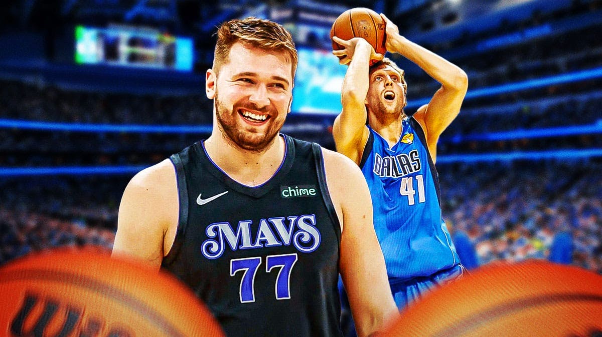 Mavericks' Luka Doncic smiling in front on left. In background on right, place Mavericks' Dirk Nowitzki (2011 image) shooting a basketball.