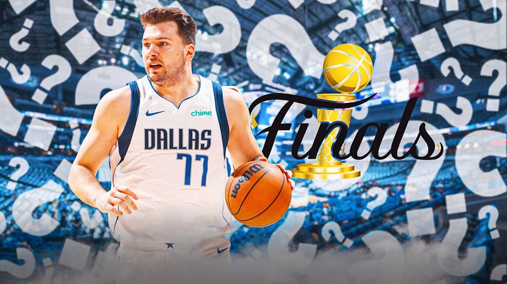 Mavericks' Luka Doncic on left. NBA Finals' 2024 logo on right. Question marks all over image.