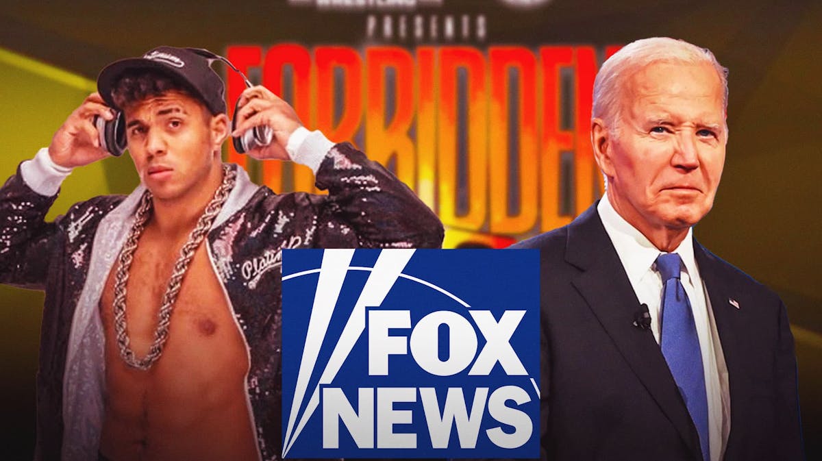 Max Caster next to Joe Biden and the Fox News logo with the Forbidden Door logo as the background.