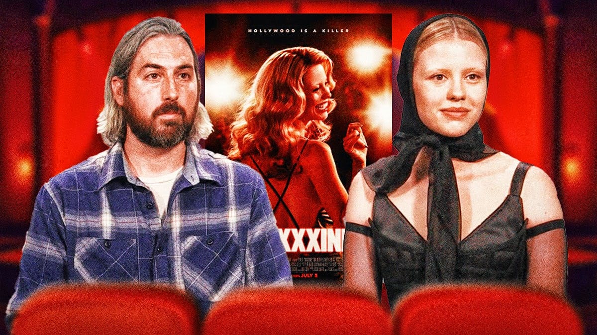 Ti West and Mia Goth with Maxxxine poster and movie theater background.