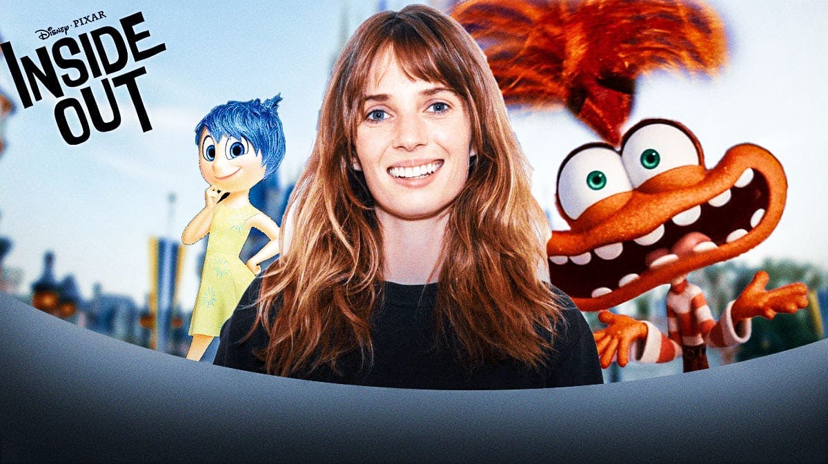 Maya Hawke with Inside Out Pixar movie logo, Joy and Anxiety from movies and Disney World background.