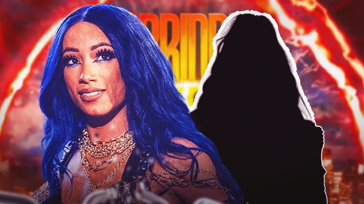 Mercedes Mone next to the blacked-out silhouette of Britt Baker with the Forbidden Door logo as the background.