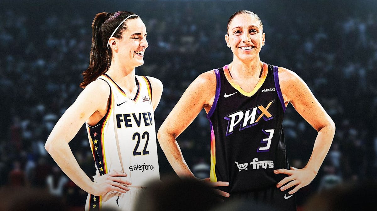 Diana Taurasi and Caitlin Clark smiling at each other.