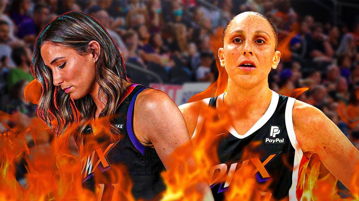 WNBA Phoenix Mercury players Rebecca Allen and Diana Taurasi, with flames around them