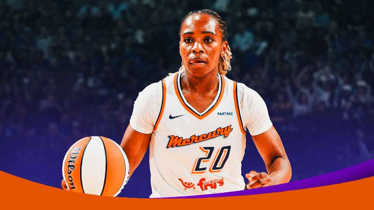 Charisma Osborne in a Phoenix Mercury jersey with the Mercury arena in the background, roster
