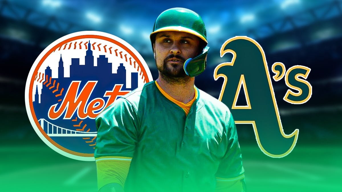 JD Davis wearing a blank uniform, with the Mets and Athletics logos beside him