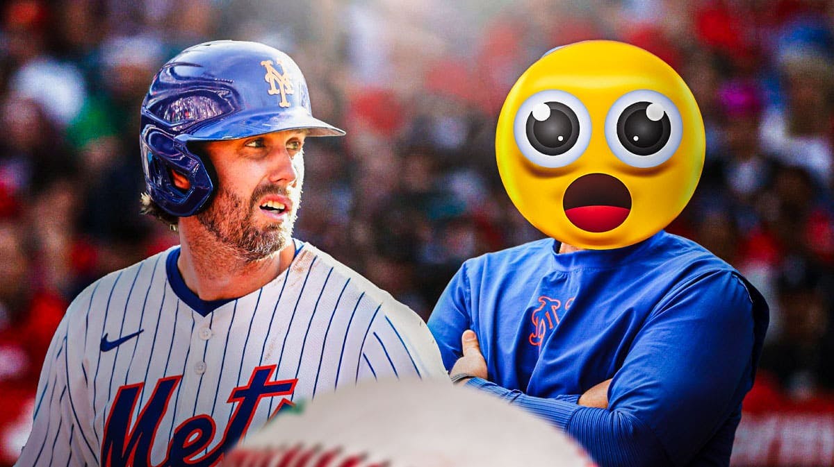 Jeff McNeil on one side, Carlos Mendoza on the other side with the big eyes emoji over his face