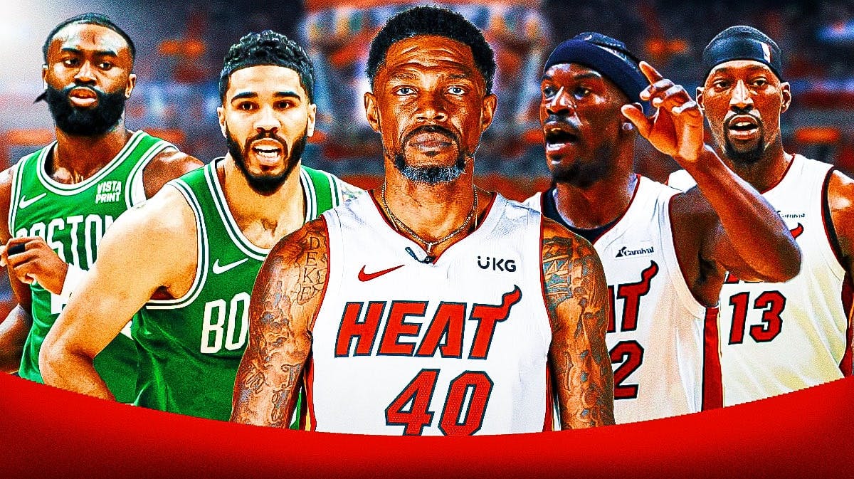 Miami Heat stars Jimmy Butler, Bam Adebayo next to Udonis Haslem looking at Boston Celtics star Jayson Tatum and Jaylen Brown in front of Kaseya Center.