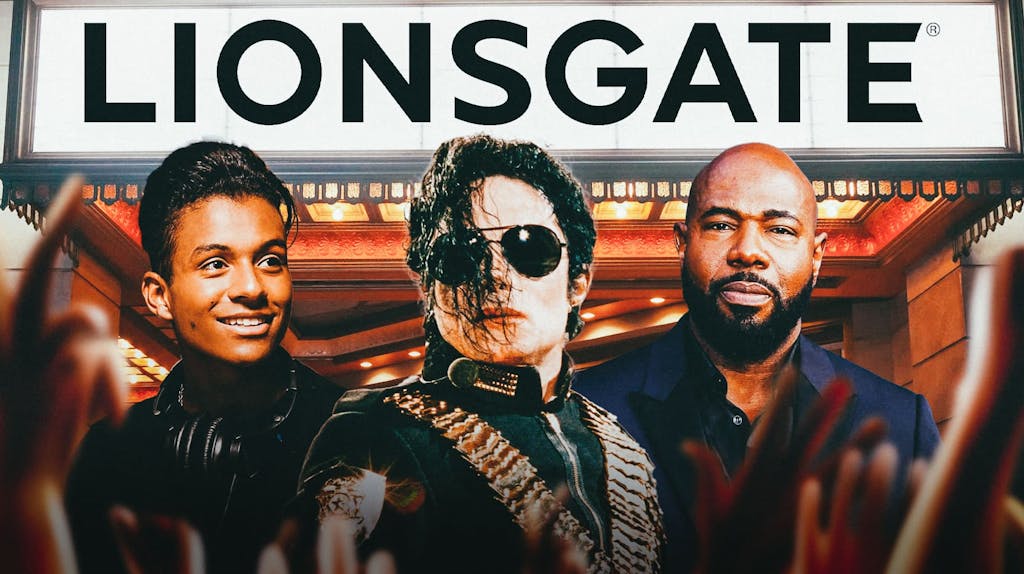 Lionsgate logo on movie theater marquee with Jafaar Jackson, Michael Jackson, and Antoine Fuqua.