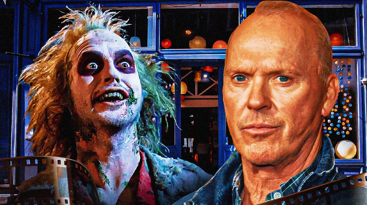 Beetlejuice next to Michael Keaton and storefront.