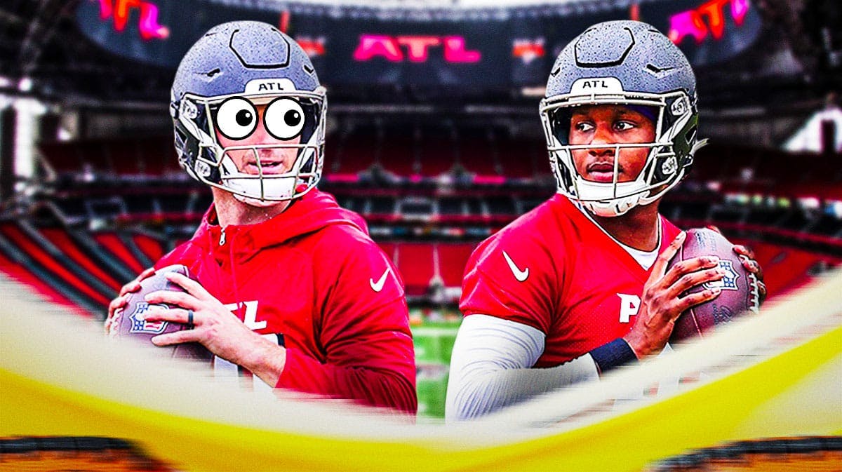 Michael Penix Jr. on one side in an Atlanta Falcons uniform, Kirk Cousins on the other side in an Atlanta Falcons uniform with the big eyes emoji over his face