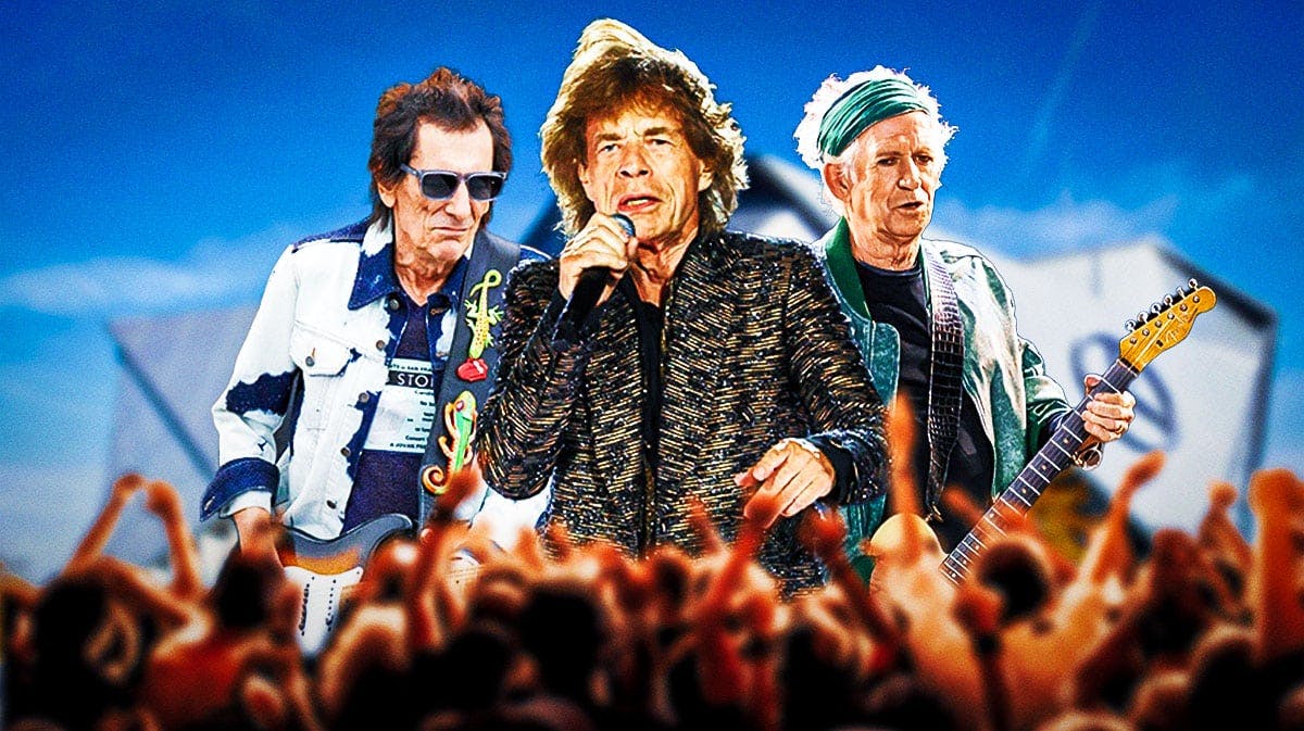 Rolling Stones members Ronnie Wood, Mick Jagger, and Keith Richards in front of Mercedes-Benz Stadium in Atlanta, Georgia.