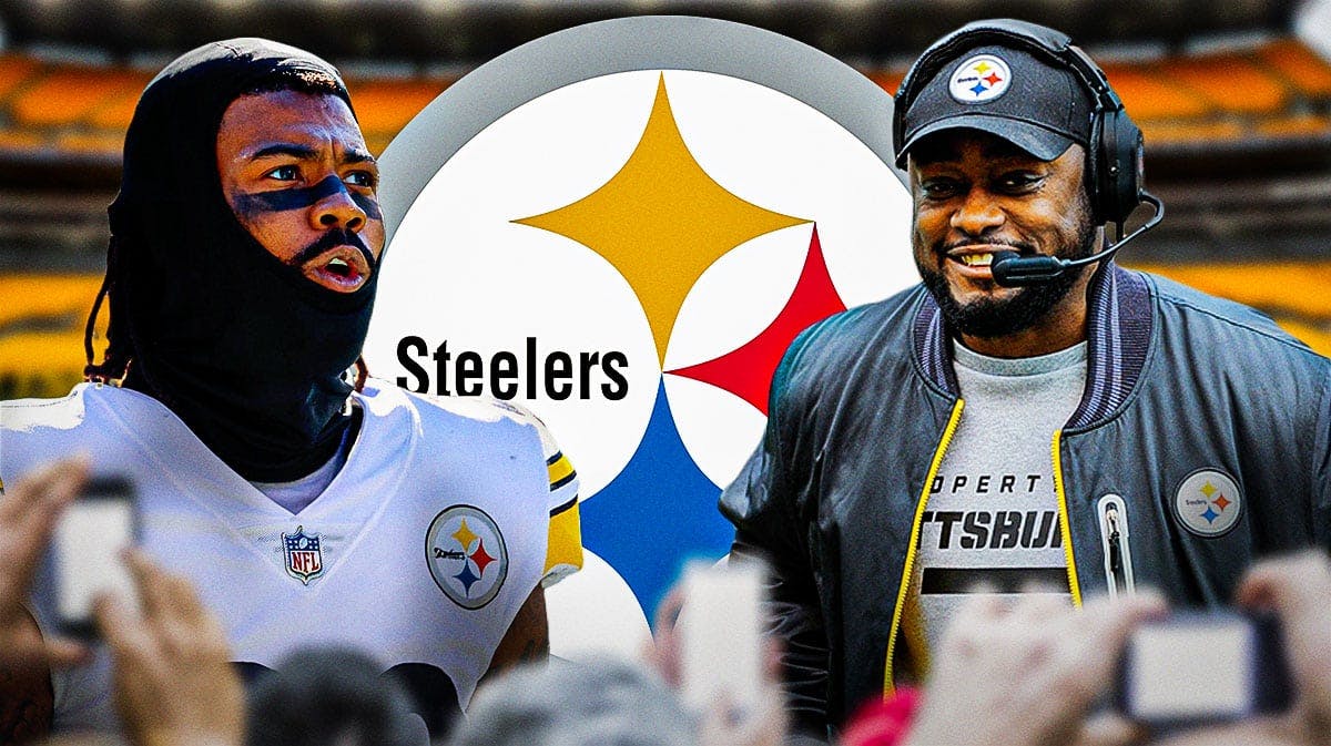 Cameron Sutton and Mike Tomlin next to a Steelers logo
