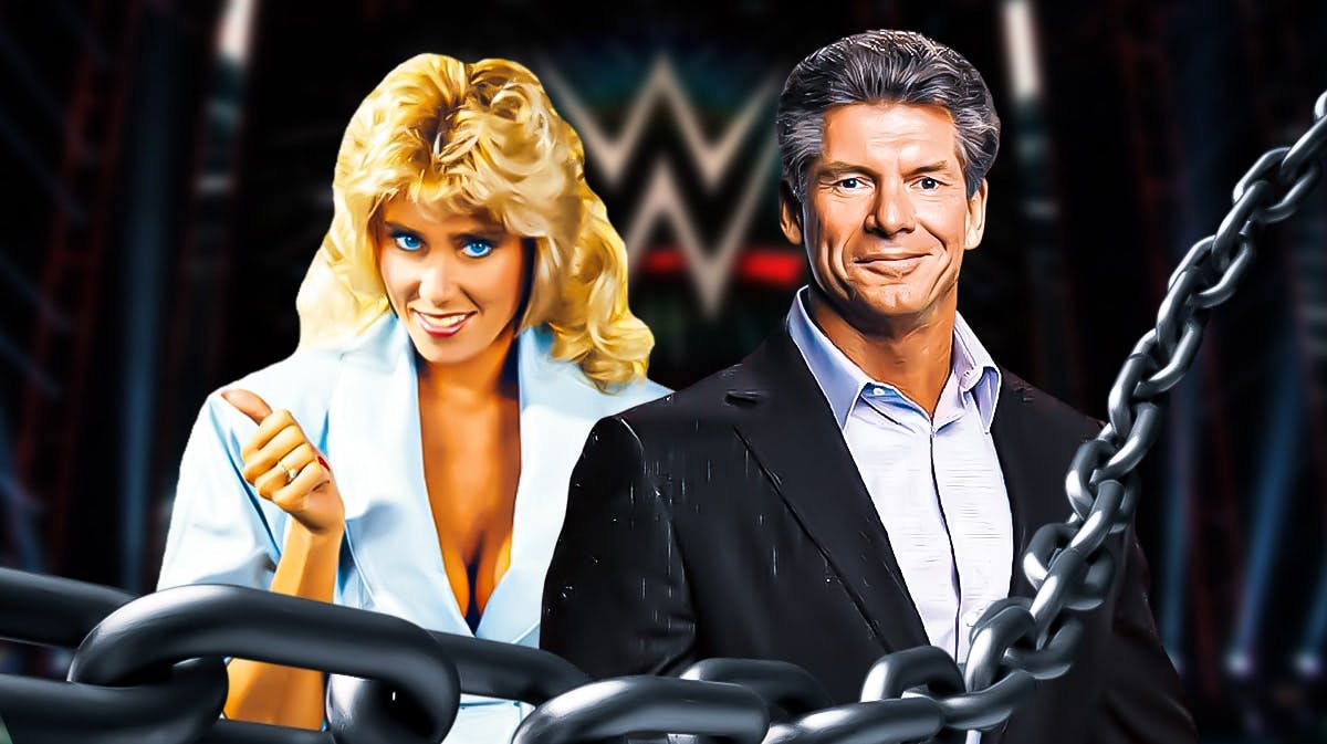 Missy Hyatt next to Vince McMahon with the WWE logo as the background.