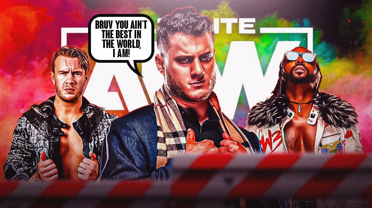 Mjf with a text bubble reading "Bruv you ain’t the best in the world, I am!" with Will Ospreay on his left and Swerve Strickland on his right and the AEW Dynamite logo as the background.