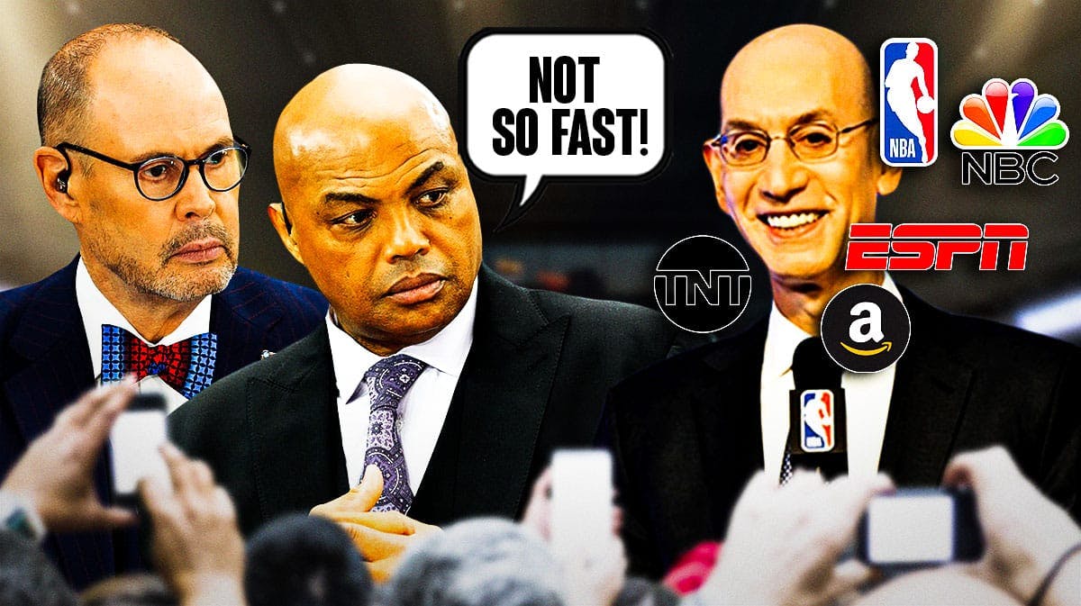 Inside the NBA's Ernie Johnson, Charles Barkley saying "Not so fast" to Adam Silver with TNT, NBA, ESPN, NBC, and Amazon logos