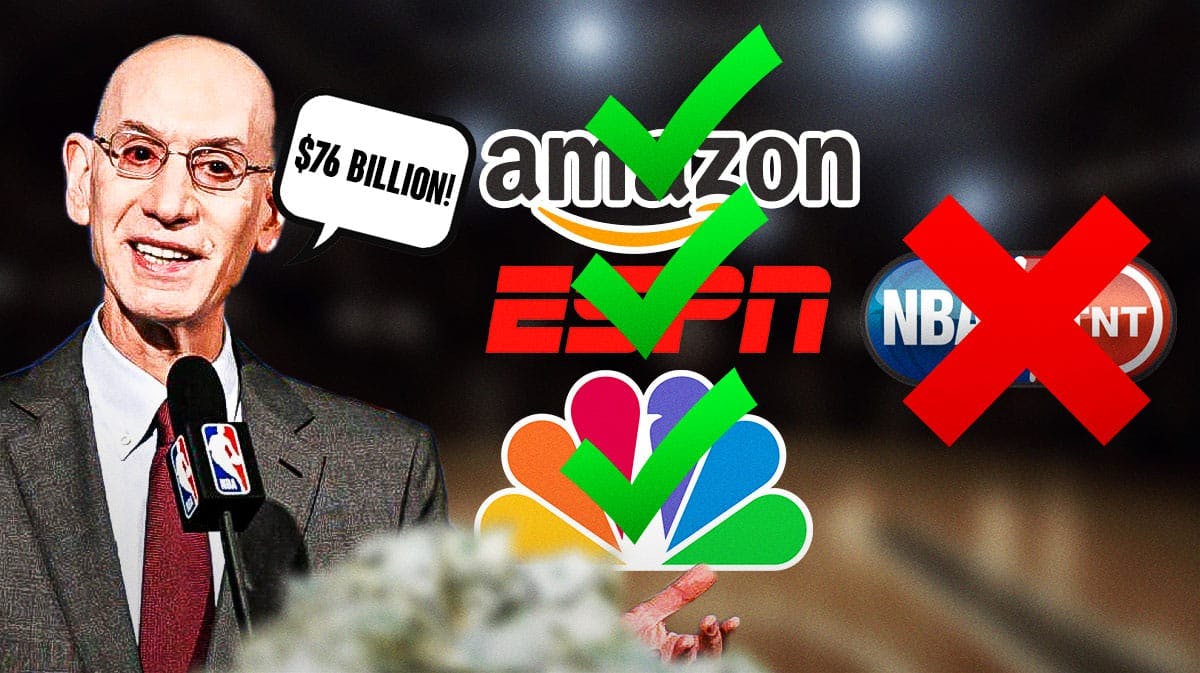 NBA's Adam Silver saying "$76 billion" next to Amazon, ESPN, NBC and NBA on TNT logos