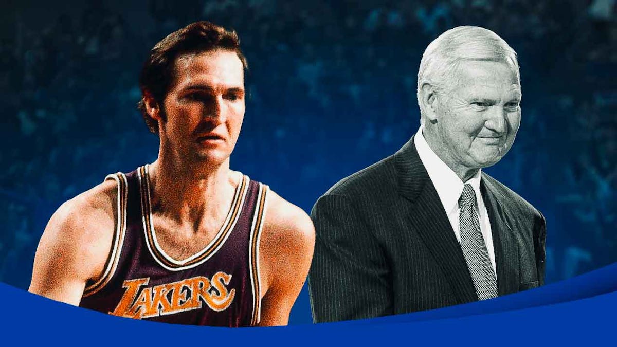 A young Jerry West as a player and an old Jerry West (in black and white)