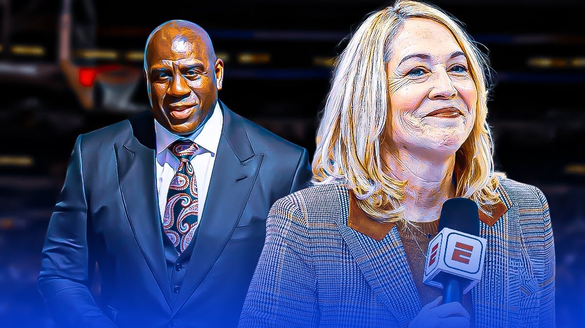 Magic Johnson, Doris Burke side by side, smiling at each other.