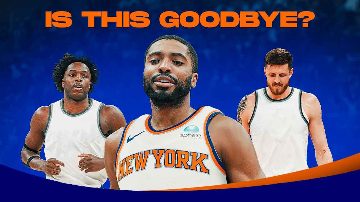 Mikal Bridges in Knicks uniform, with OG Anunoby and Isaiah Hartenstein looking frustrated in a blank jersey, with caption on top: IS THIS GOODBYE?