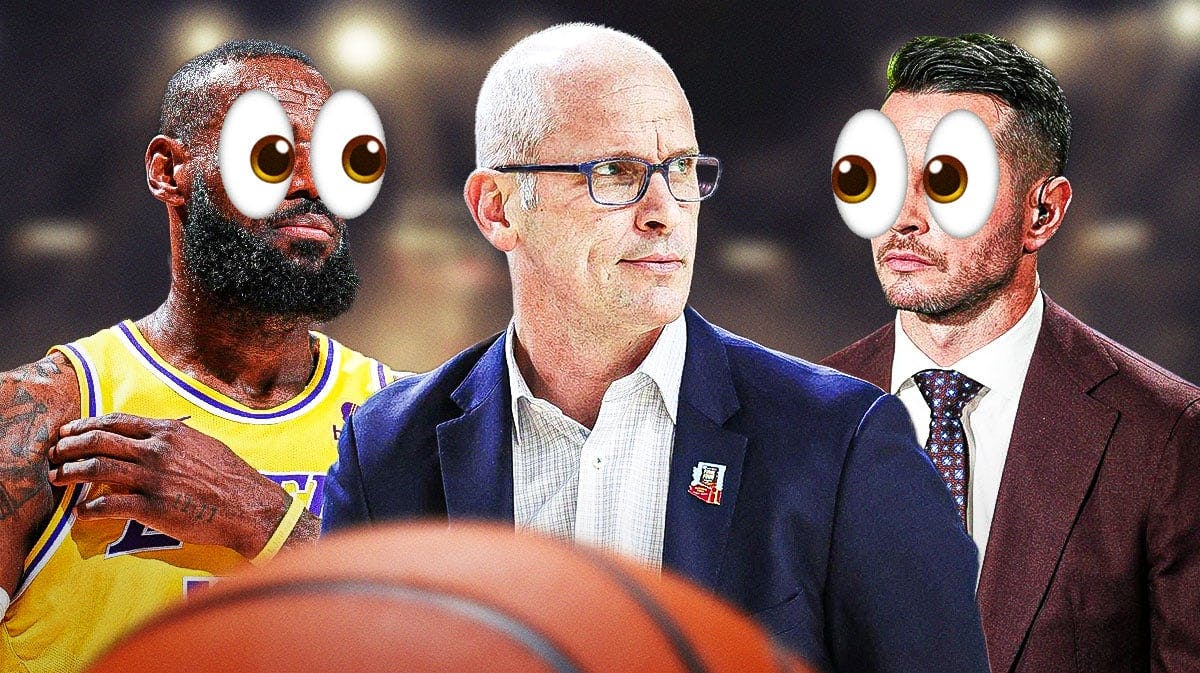 Dan Hurley in the middle, LeBron James on one side with the big eyes emoji over his face, JJ Redick on the other side with the big eyes emoji over his face