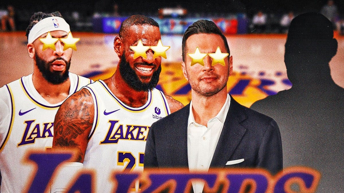 Lakers LeBron James, Anthony Davis, and coach JJ Redick all with star emoji eyes lookina at a silhouette of a basketball player.
