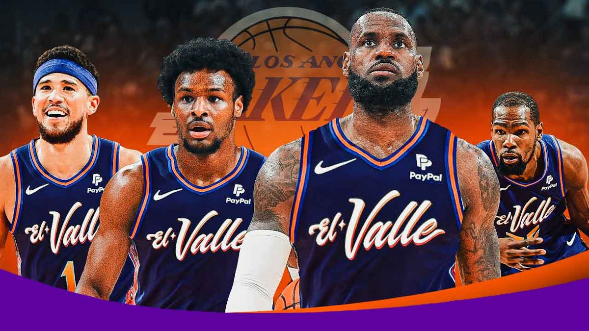 LeBron James, Bronny James, Kevin Durant, and Devin Booker in Suns uniforms, with the Lakers logo vanishing beside them