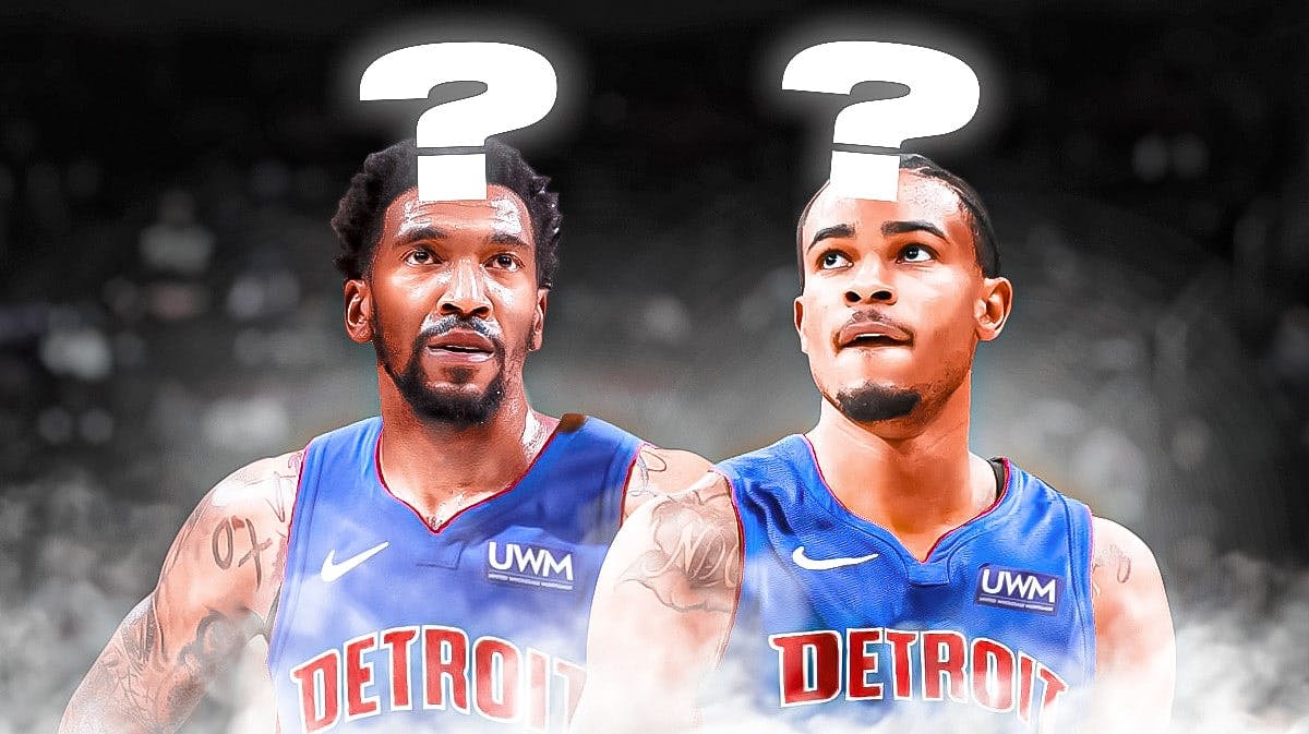Photo: Malik Monk, Nic Claxton both in Pistons jerseys with question marks above them