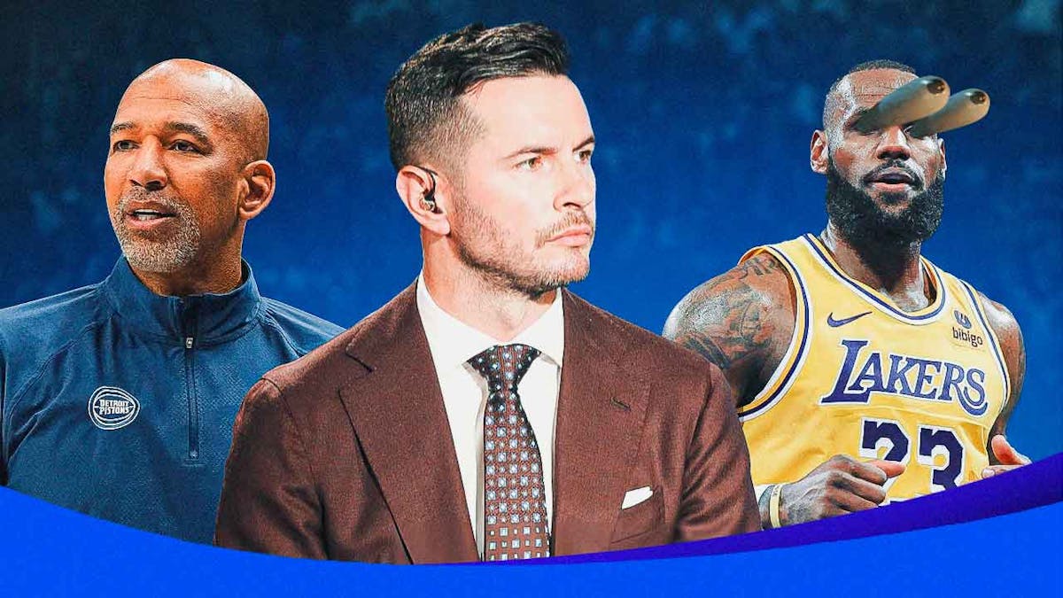 Pistons' Monty Williams and JJ Redick looking surprised, with Lakers' LeBron James' eyes popping