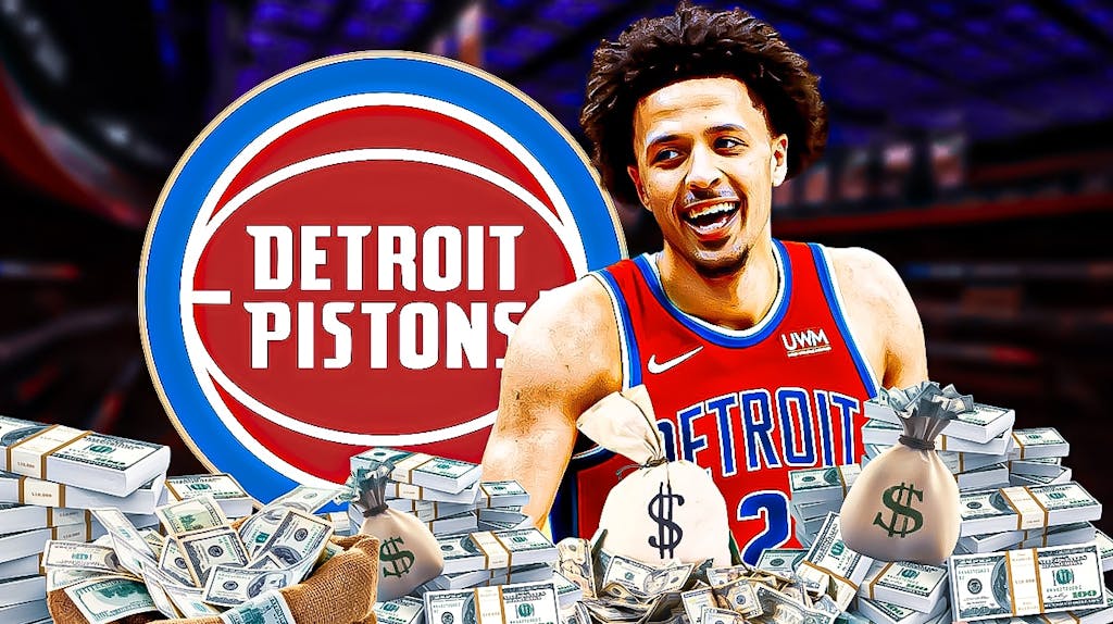 Pistons Cade Cunningham next to a Pistons logo and a ton of money