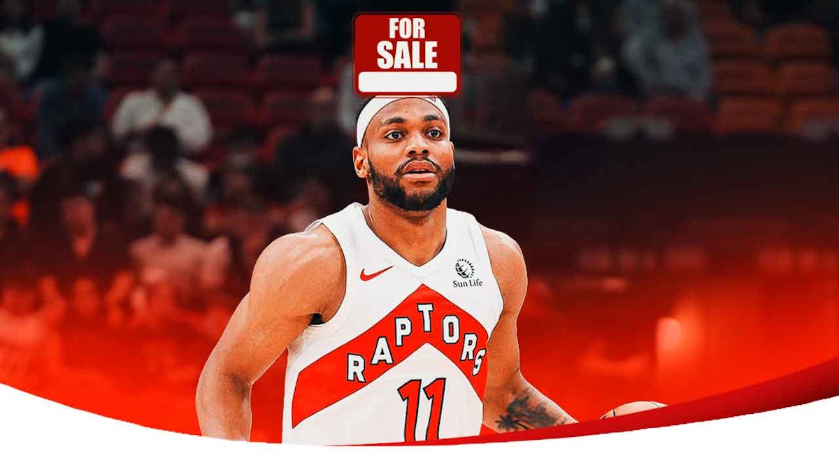 Photo: Bruce Brown in Raptors jersey in action with a "For Sale" sign above him