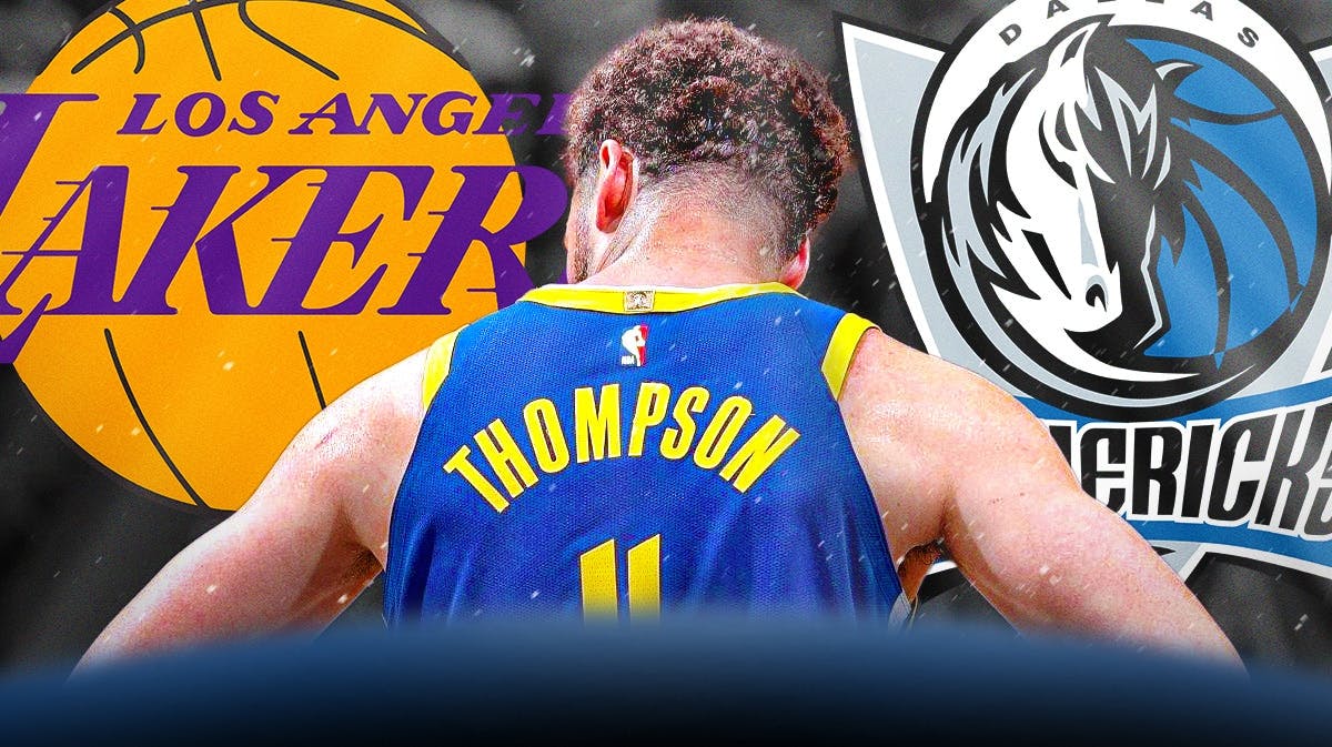 Golden State Warriors player Klay Thompson and Los Angeles Lakers and Dallas Mavericks logos