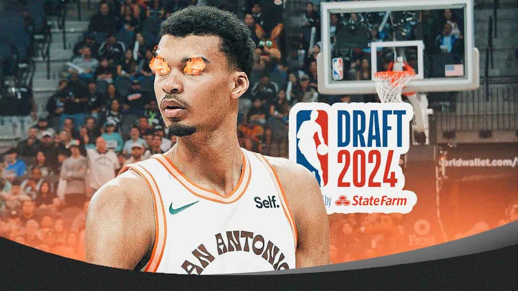Victor Wembanyama with fire in his eyes. NBA Draft Logo, Spurs logo in background