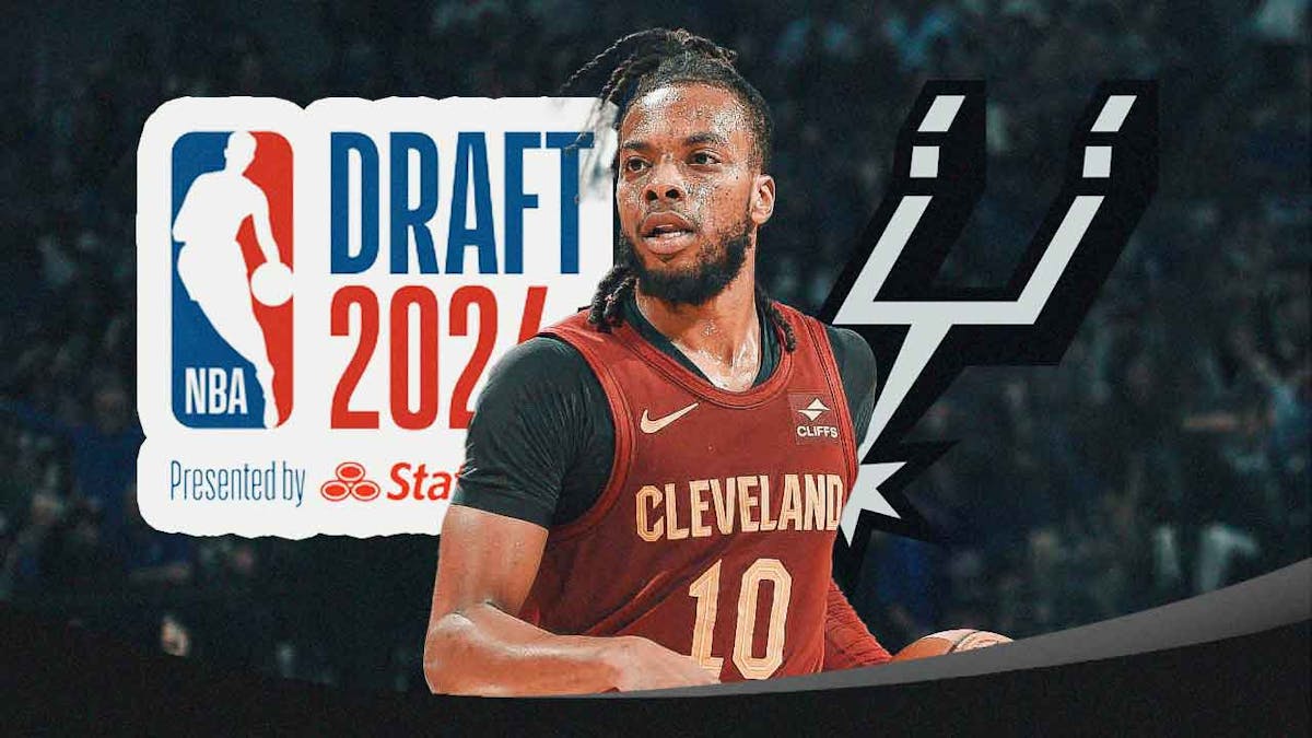 Darius Garland with Spurs logo, NBA Draft logo in the background