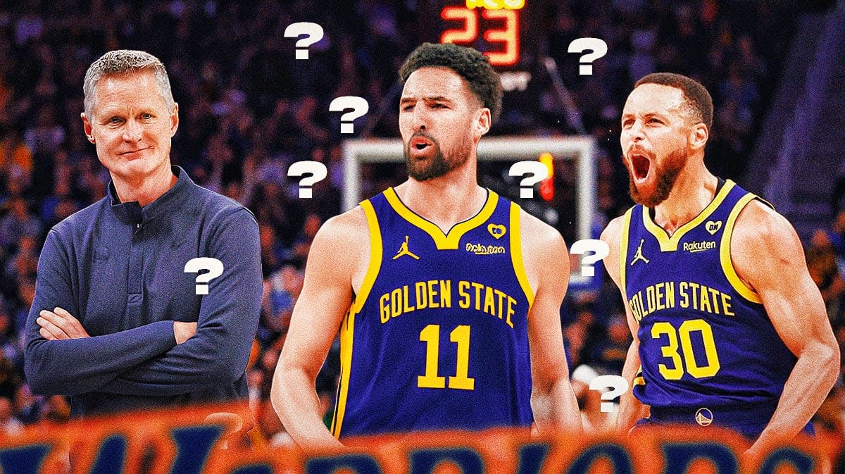 Warriors' Klay Thompson with question marks next to Steve Kerr and Stephen Curry