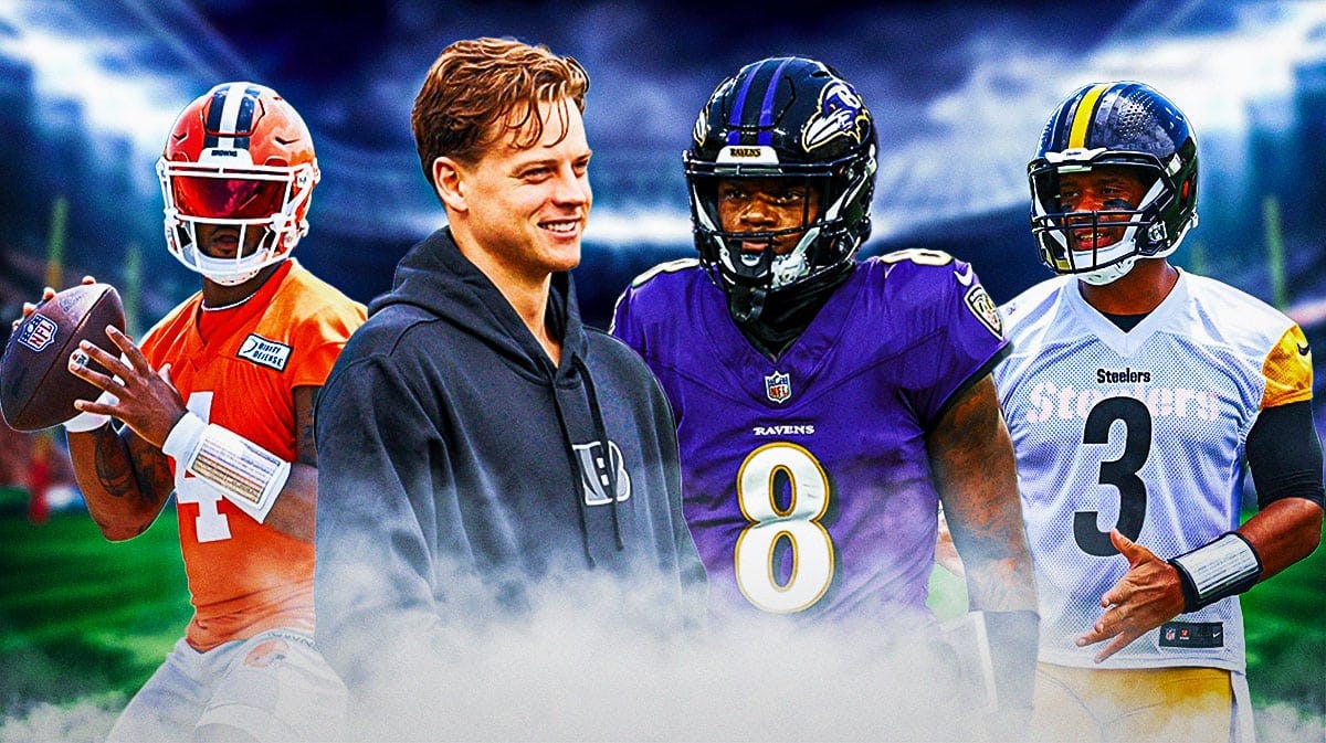 Lamar Jackson and Joe Burrow in the middle, Russell Wilson on one side in a Pittsburgh Steelers uniform, Deshaun Watson on the other side