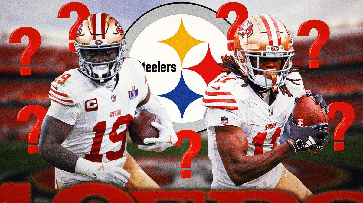 Steelers logo in the middle of image. Deebo Samuel and Brandon Aiyuk on either side, with question marks.