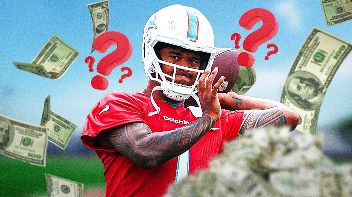 Dolphins Tua Tagovailoa with money in front of him and question marks all around.