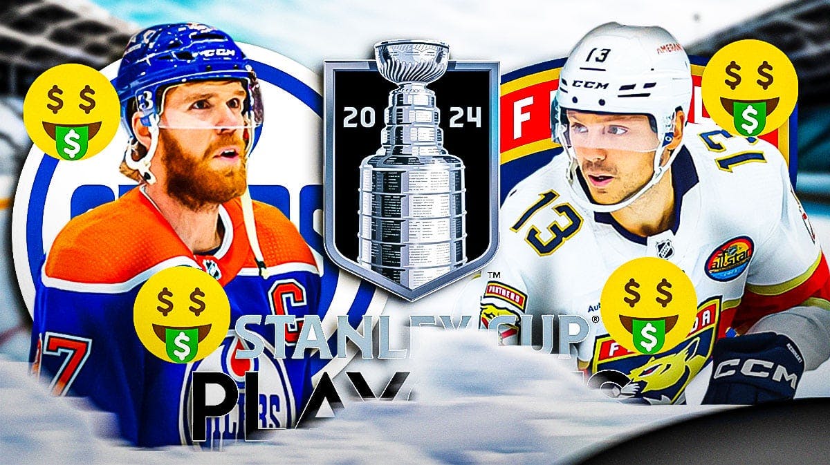 Connor McDavid on one side with Oilers logo. On other side is Sam Reinhart with Panthers logo. 2024 Stanley Cup Finals logo front and center. Dollar sign emojis around the graphic as well as ticket stubs.