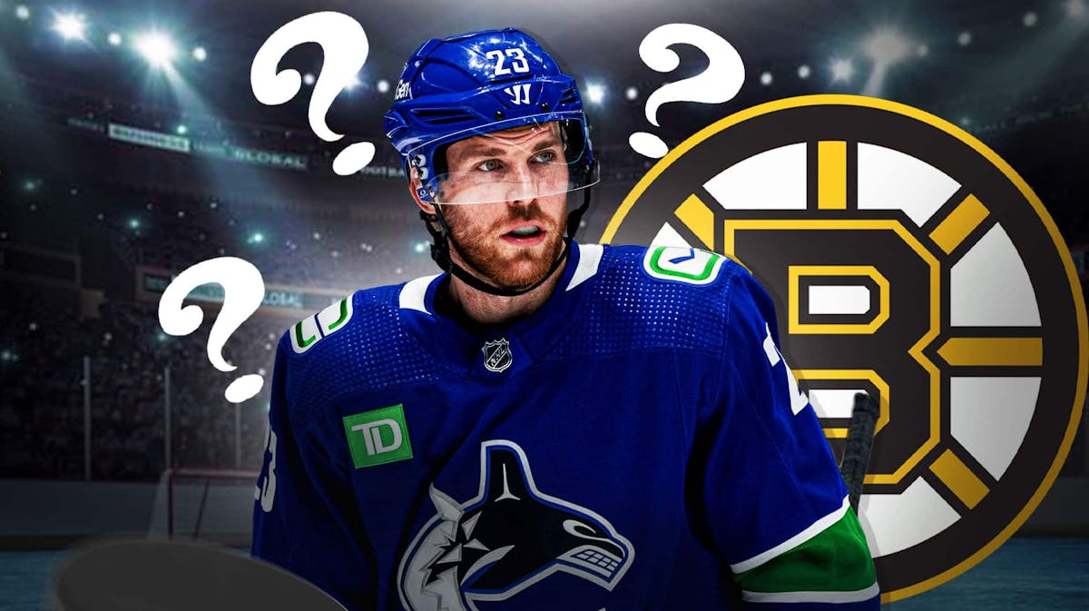 Elias Lindholm in image looking hopeful, Boston Bruins logo, 3-5 question marks, hockey rink in background