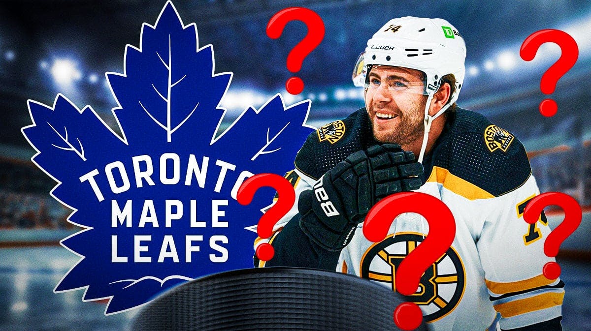 Jake DeBrusk in image looking hopeful, Toronto Maple Leafs logo, 3-5 question marks, hockey rink in background